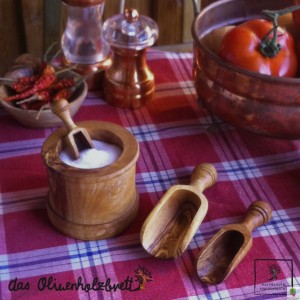 Spice scoops out of olive wood